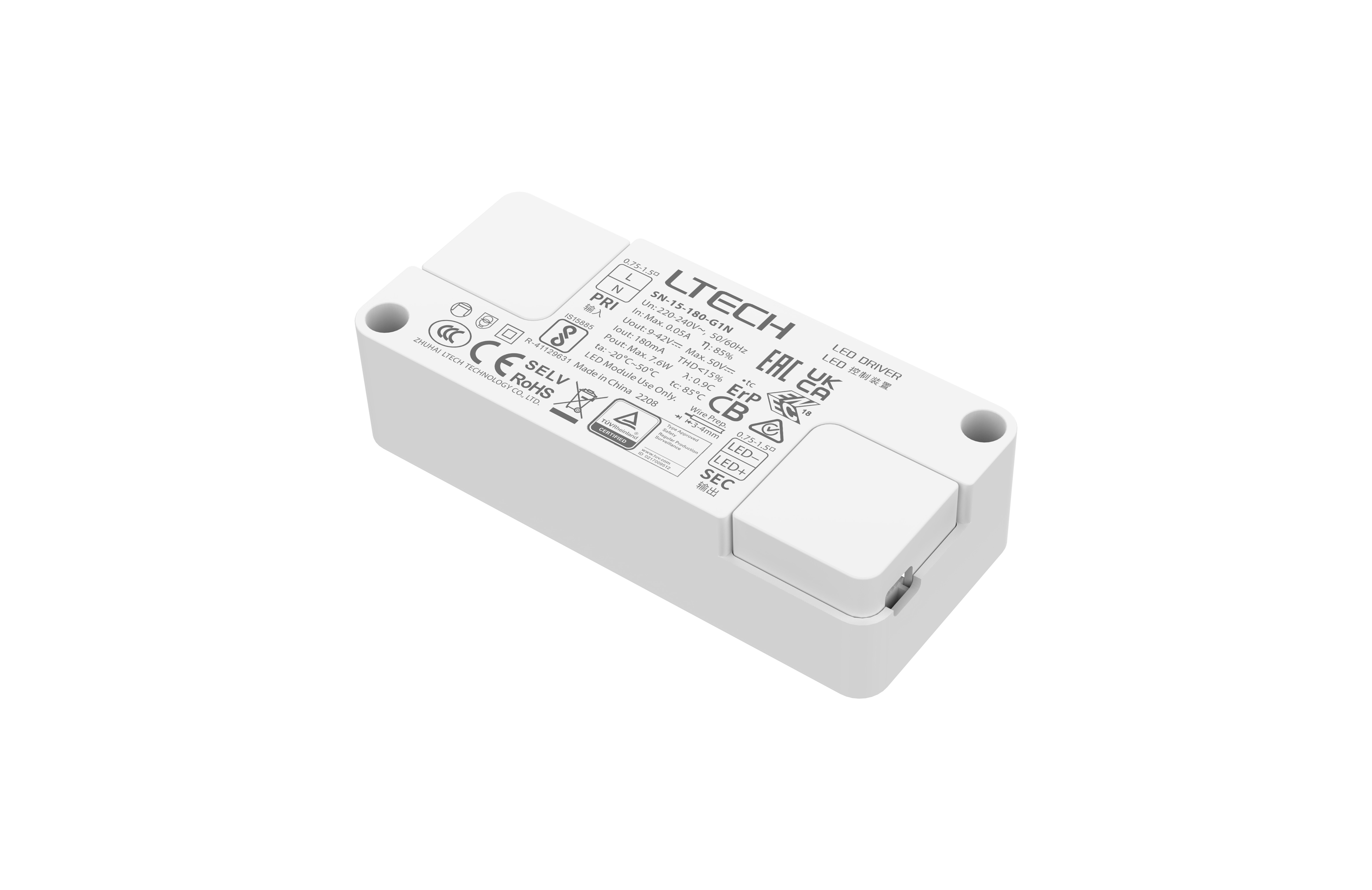 SN-15-180-G1N  Intelligent Constant Current LED Driver, ON/OFF, 15W-300mA ,9-42Vdc , 200-240Vac, Out put Range.2.7W-12.6W,IP20, 5yrs Warrenty.